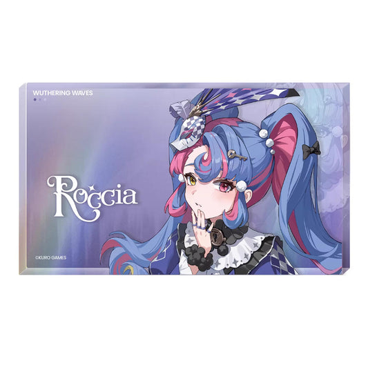 This 140×80×10mm acrylic block showcases Rococo from Wuthering Waves, with her colorful twin tails against a purple, holographic backdrop. The glitter effect highlights her playful, vibrant design.