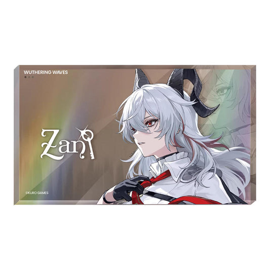This 140×80×10mm acrylic block features Zani from Wuthering Waves, with her silver hair and black horns against a warm, holographic backdrop. The glitter and lamination add a dynamic, shimmering finish.