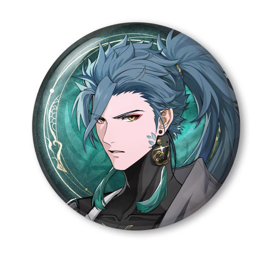 This Wuthering Waves tinplate badge features Jiyan, with a rich teal background and an elegant gold foil border, finished with offset printing.