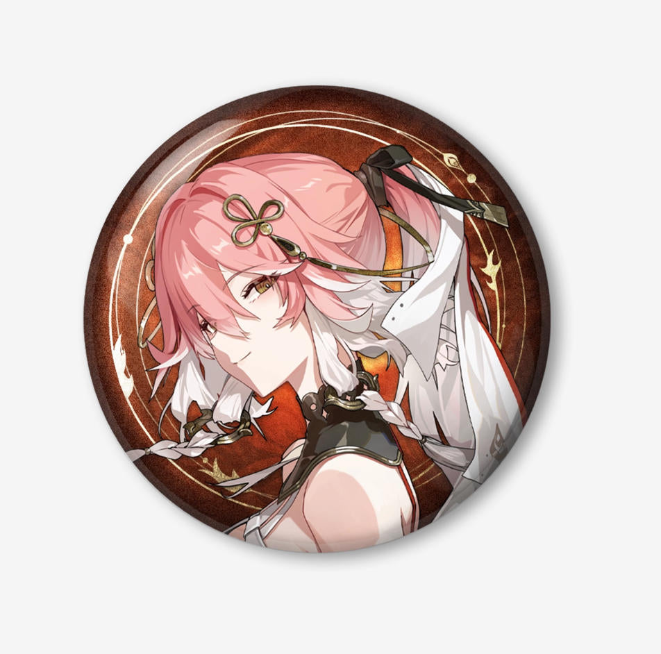 This Wuthering Waves tinplate badge features Changli, with a fiery red and orange background and a detailed gold foil border, finished with offset printing.