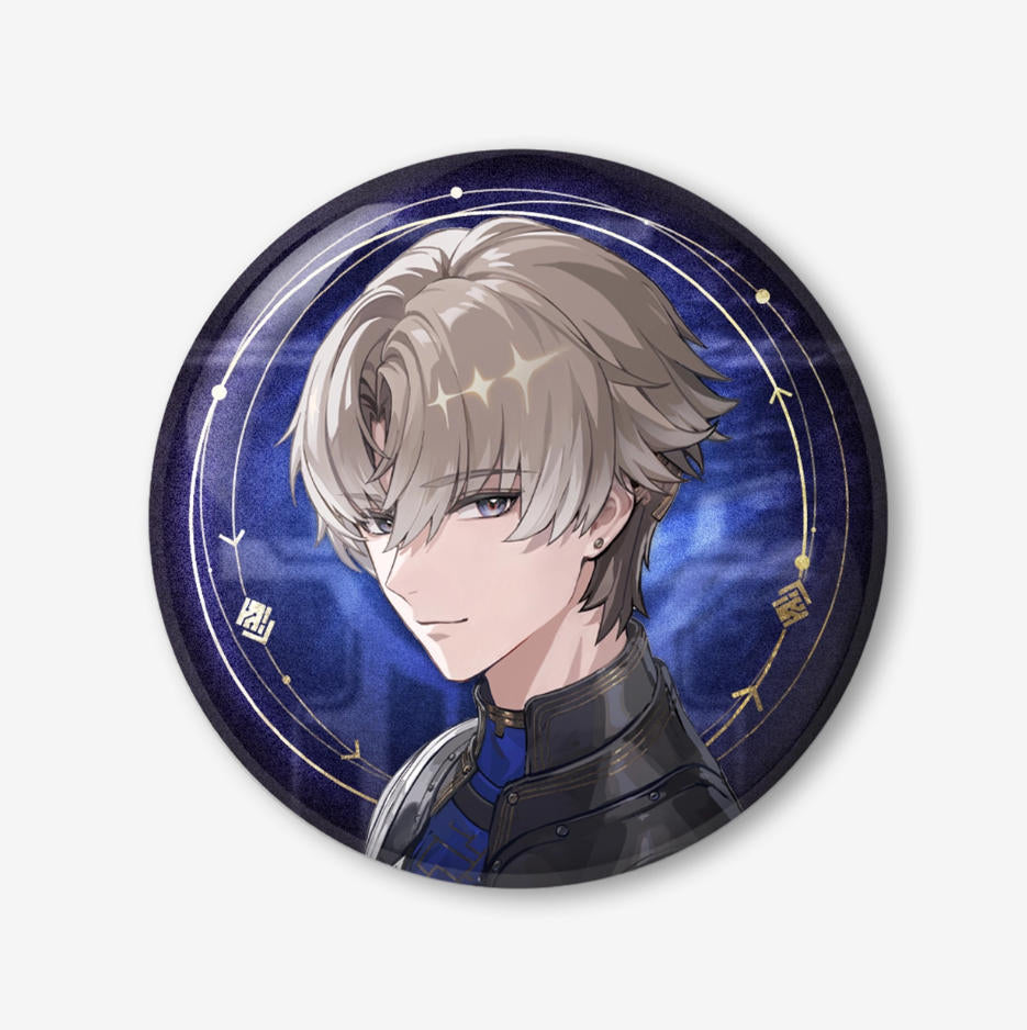 This Wuthering Waves tinplate badge features Xiangli Yao, with a deep blue, starry background and an ornate gold foil border, finished with offset printing.