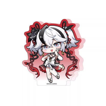 This 75–95mm chibi acrylic standee shows Camellya from Wuthering Waves, with her unique hairstyle and gentle look, matching a fresh themed background.