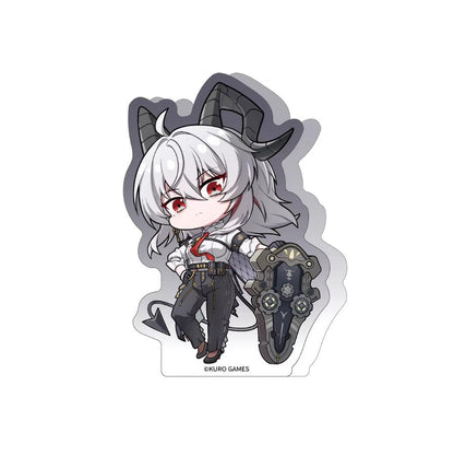 This 75–95mm chibi acrylic standee showcases Zani from Wuthering Waves, with her silver hair and black horns, set against a dramatic red backdrop.