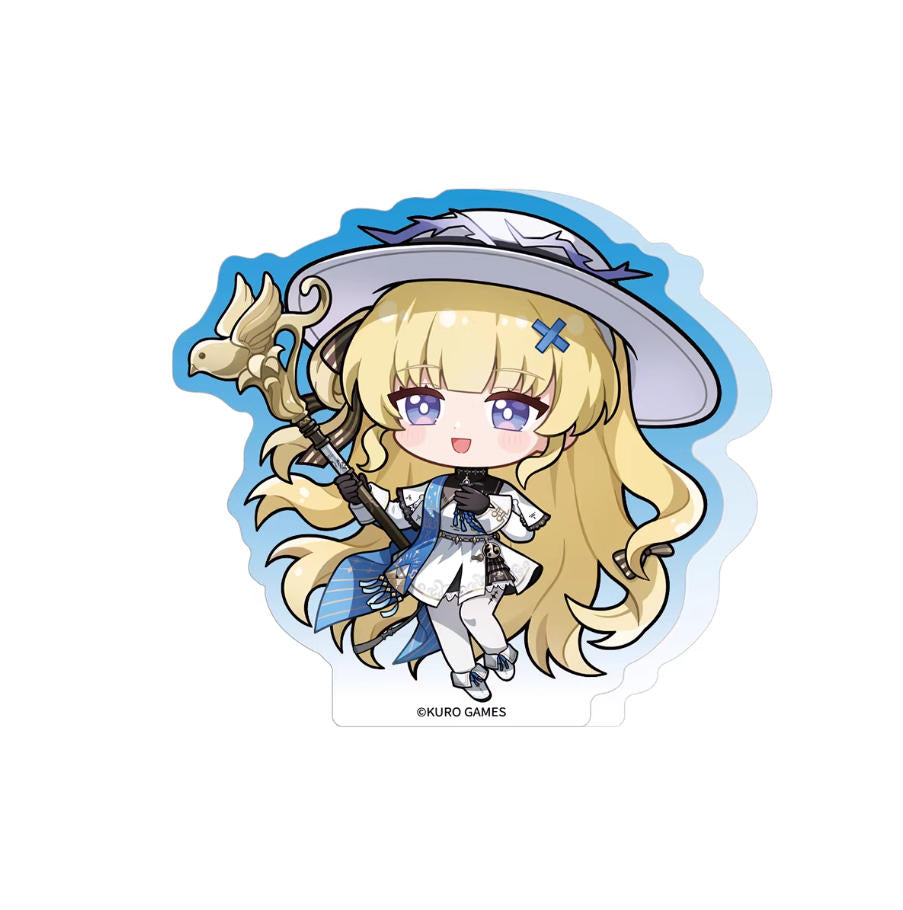 This 75–95mm chibi acrylic standee features Phoebe from Wuthering Waves, with her signature wide-brimmed hat and gentle smile, set against a soft blue backdrop.