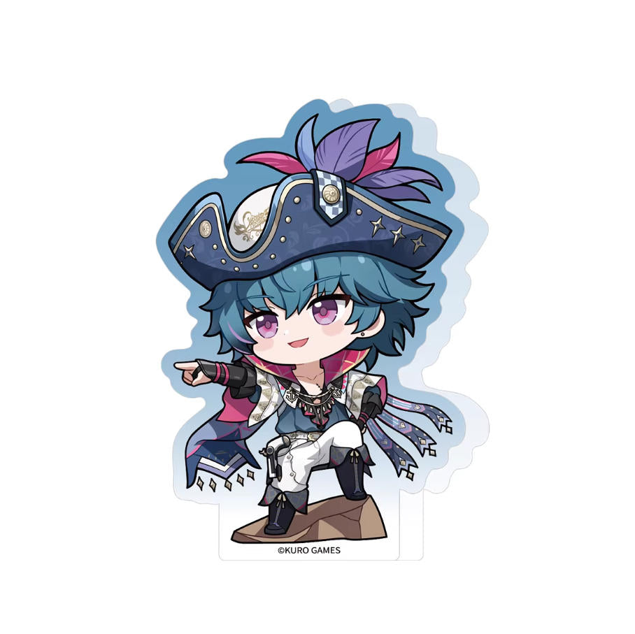 This 75–95mm chibi acrylic standee features Brant from Wuthering Waves, in his pirate-inspired attire, set against a teal backdrop.