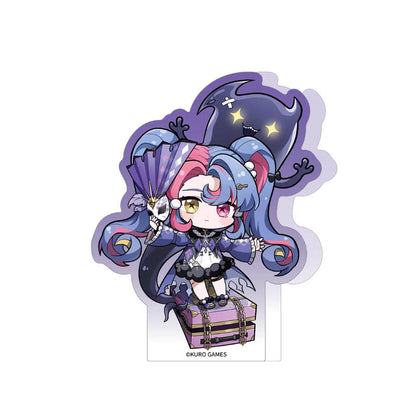 This 75–95mm chibi acrylic standee showcases Roccia from Wuthering Waves, with her colorful twin tails and playful expression, set against a purple backdrop.