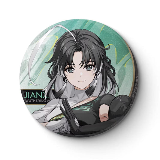 This 65mm tinplate badge features Jianxi from Wuthering Waves, set against a fresh green background with dynamic brushstroke details. 