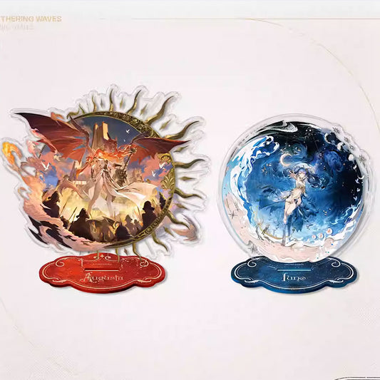 This display features two Wuthering Waves art acrylic standees: Augusta with a sunburst frame and fiery backdrop, and June in a lunar cosmic sphere, each on a themed base.