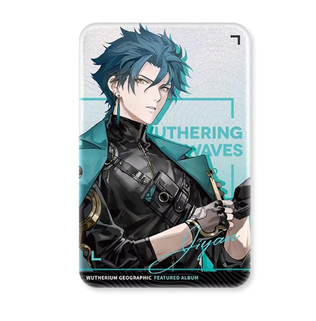 This 55×85mm tinplate card features Ji Yan from Wuthering Waves, with his bold teal and black attire against a holographic pearl blue base, creating a vibrant, shimmering display.