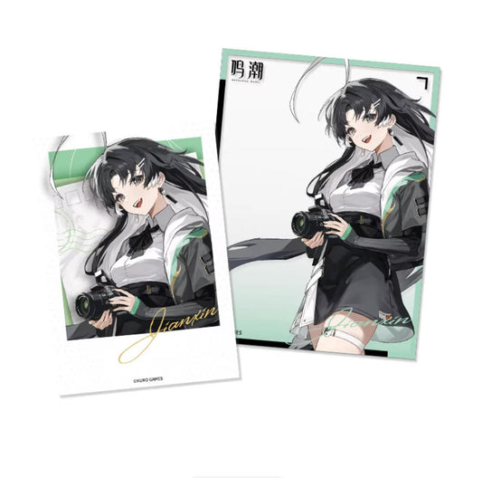 This set features Jianxin from Wuthering Waves, including an 89×63mm silver card polaroid with reverse UV and a 102×76mm PET group photo card, capturing her energetic personality.