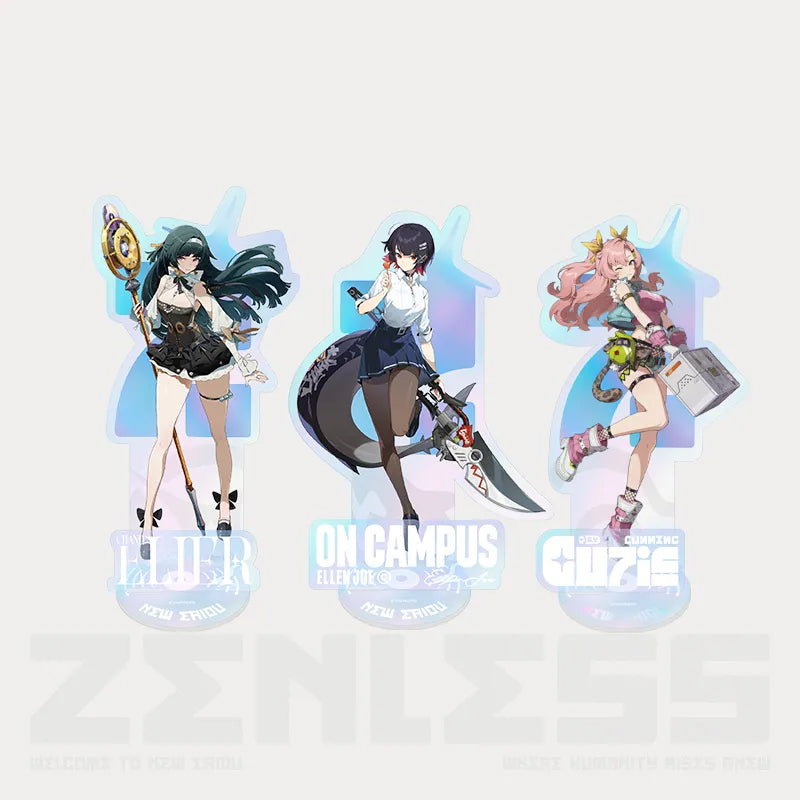  Set of three acrylic stands from the Lidu Fashion Series of Zenless Zone Zero, featuring vibrant full-color artwork of Yao Jiayin, Ellen Joe, and Nicole Demara in their stylish, modern outfits, displayed on a light beige background with colorful gradient accents. 