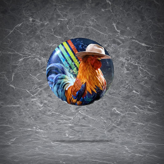 Round tinplate pin button featuring Scrappy the rooster from ARC Raiders wearing a hat, against a retro colorful stripe background