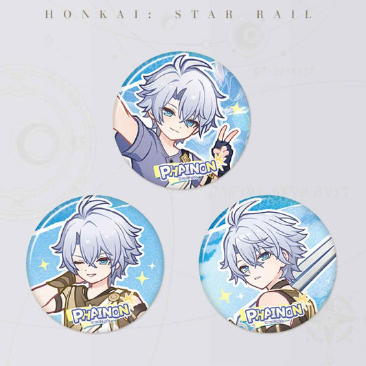Three chibi-style Phainon badges from Honkai: Star Rail are displayed together, each with a unique expression and a sparkling blue glitter background.