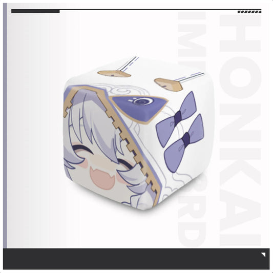 A light blue “Dewen Cube” plush fidget toy featuring the Honkai Impact 3rd character Dewen, shown alongside a jar of matching crystal clear super soft slime.