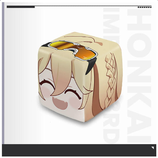A “Bianka Cube” plush fidget toy featuring the Honkai Impact 3rd character Bianka in themed colors, displayed next to a jar of crystal clear super soft slime.