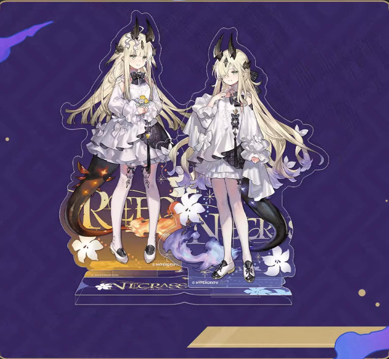 Two Arknights character acrylic standees from the Memory series, featuring Dusk and Reed in their matching white and gold floral-themed outfits, displayed together against a deep purple background with elegant golden accents.