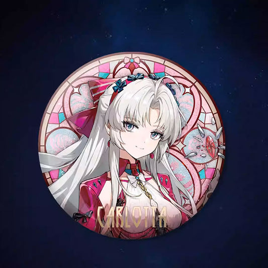 A holographic badge of Carlotta, with a pink stained-glass background, her signature white hair, and a silver double-flash finish for a shimmering effect.