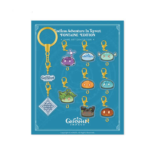 Genshin Impact Slime acrylic keychain set display, featuring eight elemental Slime charms linked on a dangling gold-toned chain, presented against a teal background with Endless Adventure in Teyvat Fontaine Edition and Game Art Exhibition text. 