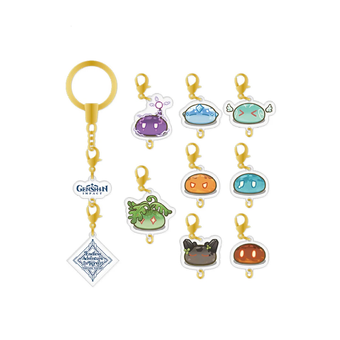 Genshin Impact elemental Slime acrylic keychain collection, featuring eight colorful Slime charms with gold-toned lobster clasps, alongside a dangling keychain display with a diamond-shaped Endless Adventure in Teyvat logo. 