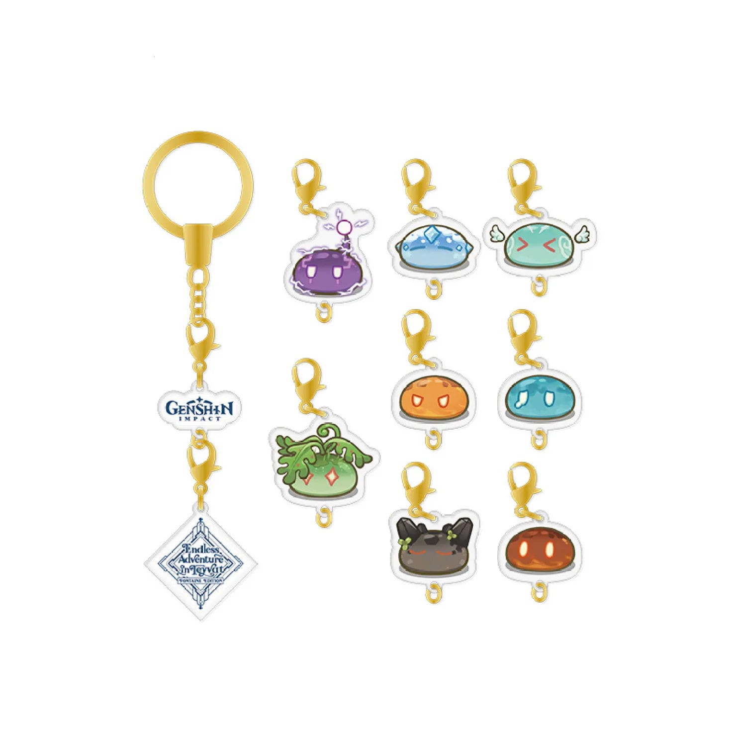 Genshin Impact elemental Slime acrylic keychain collection, featuring eight colorful Slime charms with gold-toned lobster clasps, alongside a dangling keychain display with a diamond-shaped Endless Adventure in Teyvat logo. 