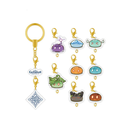 Genshin Impact elemental Slime acrylic keychain collection, featuring eight colorful Slime charms with gold-toned lobster clasps, alongside a dangling keychain display with a diamond-shaped Endless Adventure in Teyvat logo. 