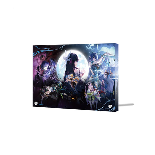 Dynamic anime-style group artwork for Song Of The Sky Moon theme, featuring vividly colored characters set against a glowing full moon backdrop with a dark, cosmic color palette of deep purples, blues, and neon accents, enhanced with hot-stamped gold and silver details.