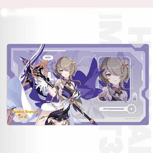 Honkai Impact 3rd Rita Spina Astera rubber desk mat with purple UI for study and office setups.