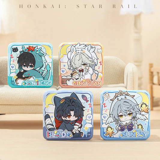 Four Honkai: Star Rail square badges (Dan Heng, Jing Yuan, Blade, Sunday) displayed on a sofa, each featuring a chibi character in cute pajamas, with soft, warm tones.
