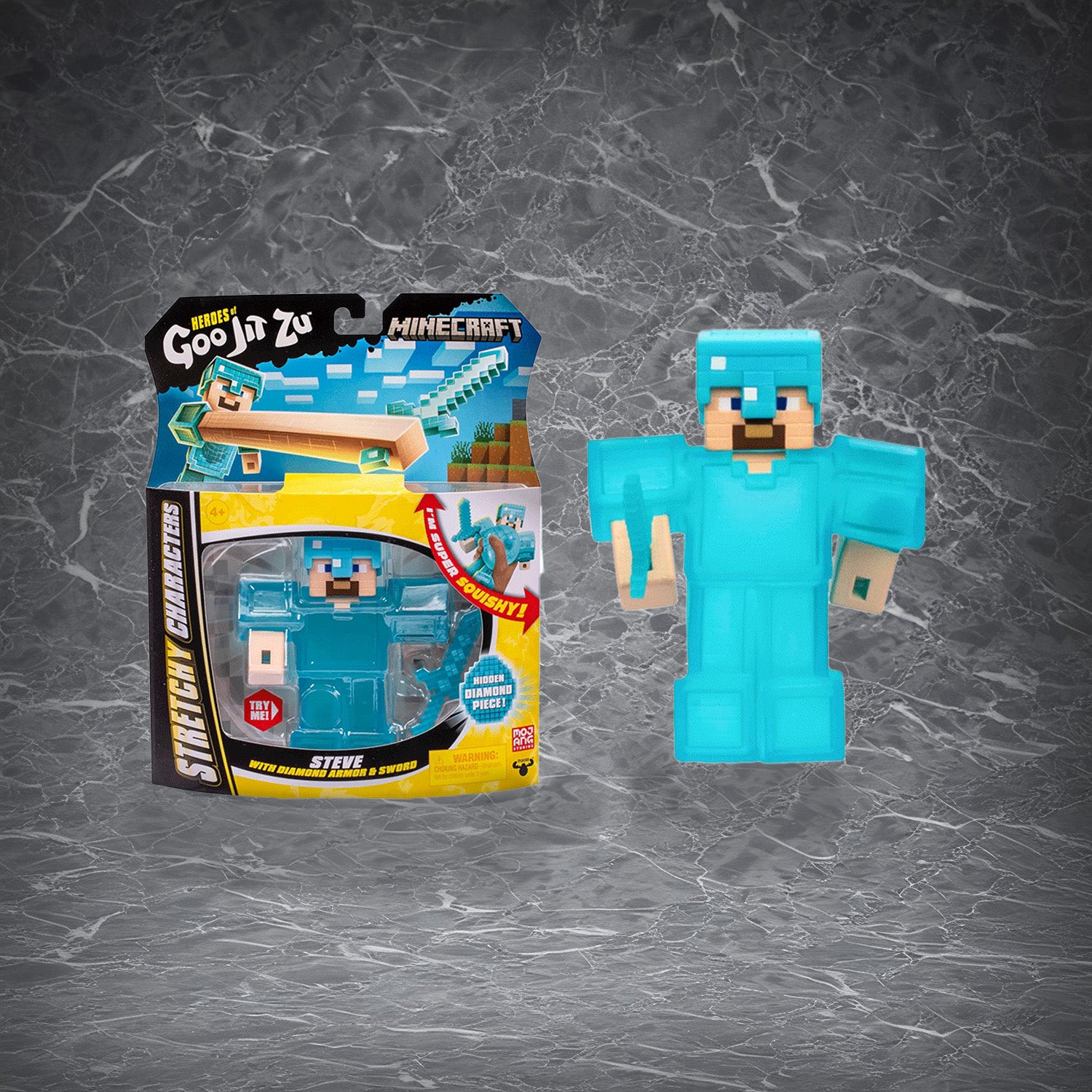 Soft silicone squeeze figure inspired by block-style game character, blue armor design, shown with retail packaging