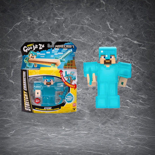Soft silicone squeeze figure inspired by block-style game character, blue armor design, shown with retail packaging
