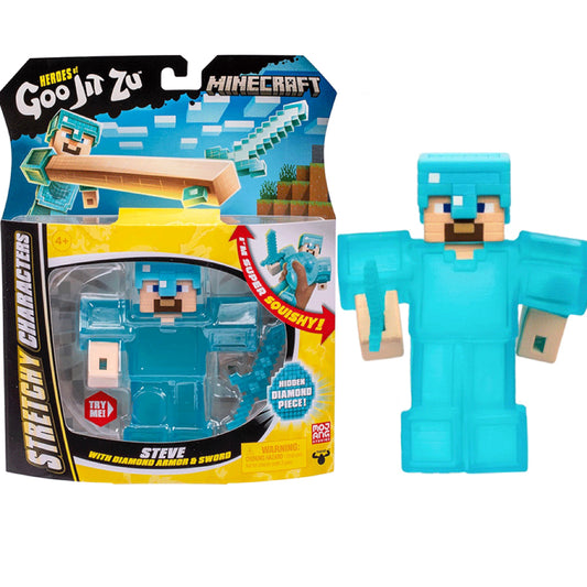 Soft silicone squeeze figure inspired by block-style game character, blue armor design, shown with retail packaging