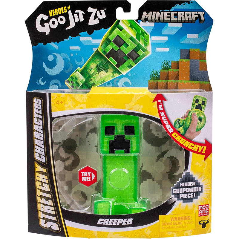 Green creeper squeeze figure in retail box, block-style design, soft silicone body with hidden filling