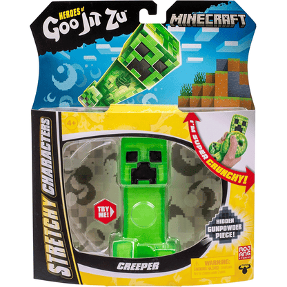 Green creeper squeeze figure in retail box, block-style design, soft silicone body with hidden filling