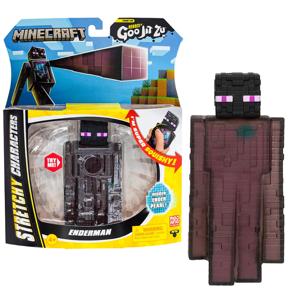 Block-style Enderman squeeze figure with soft silicone body, shown in retail packaging and standalone view