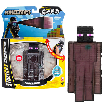 Block-style Enderman squeeze figure with soft silicone body, shown in retail packaging and standalone view