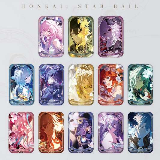 This is a display of 13 rectangular badges from Honkai: Star Rail, arranged in three rows.
