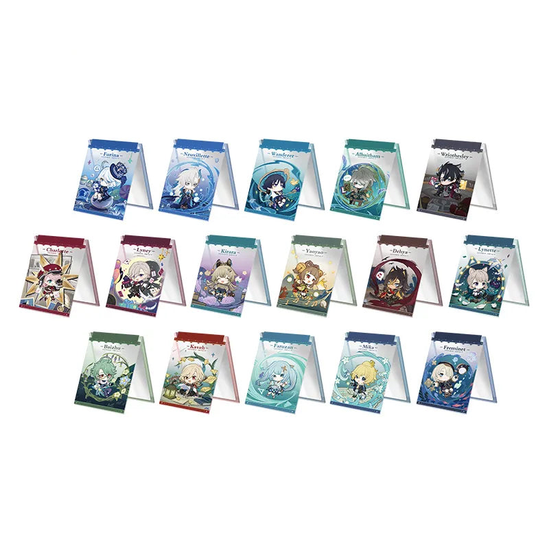 Full collection display of Starlight Letter Series acrylic folding mirrors, featuring 16 distinct character designs with vibrant, full-color artwork.