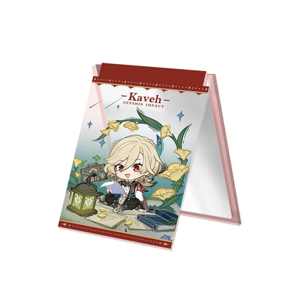 Chibi-style acrylic folding mirror featuring Kaveh, with a warm, earthy design of yellow flowers and a lantern. The mirror unfolds into a stand, displaying the character’s name at the top against a plain light pink background.