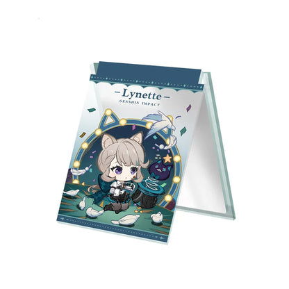 Chibi-style acrylic folding mirror featuring Lynette, with a magical, starry night design of teal and gold accents, and a cat-ear headpiece. 