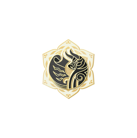 This Genshin Impact badge features a black-and-gold Sumeru Akademiya faction symbol, set within a golden, flower-shaped frame. It uses double-layer imitation enamel for a glossy, textured finish.