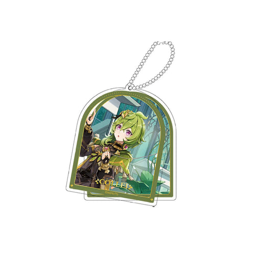 This Genshin Impact acrylic keychain features a vibrant illustration of Collei, set against a lush Sumeru background. Made from 3mm thick acrylic with a metal ball chain, it’s a durable and stylish charm for your keys or bag.