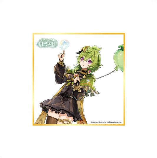 This Genshin Impact shikishi board features a playful illustration of Collei at a summer festival, complete with a balloon and a bubble. It has a matte gold border and a built-in stand for easy display on your desk or shelf.