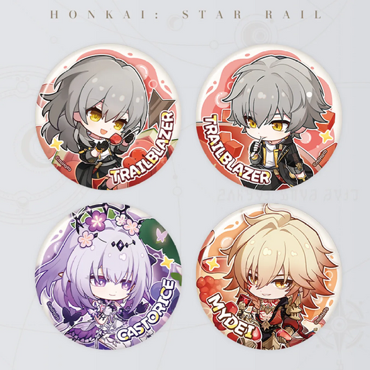 This set includes four 58mm chibi-style tinplate badges from Honkai: Star Rail, featuring the female and male Trailblazers, Castorice, and Mydei. Each has vibrant, playful artwork with character names, making it an official HoYoverse collectible for fans.