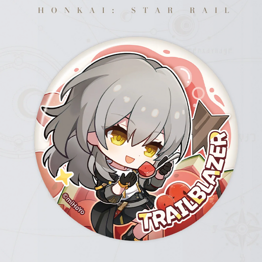 This 58mm tinplate badge features the female Trailblazer from Honkai: Star Rail in a chibi style, holding a watermelon slice against a red, summery background. It’s an official HoYoverse item, great for personalizing your gear.