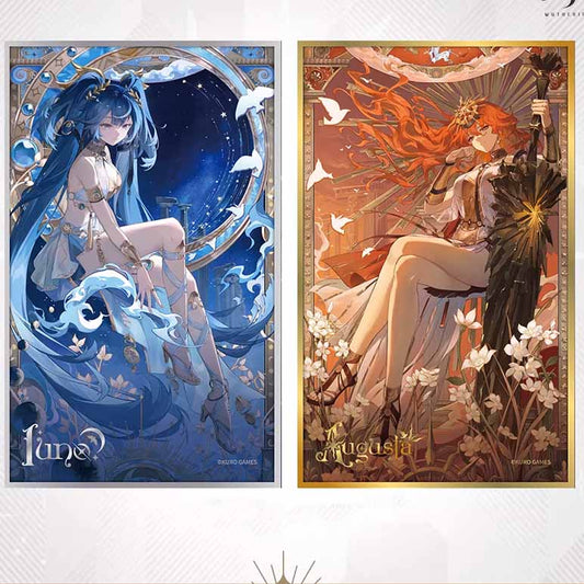 A side-by-side display of two shikishi art boards: June (celestial blue, night sky theme) and Augusta (warm orange, sunlit floral theme), each with a decorative foil border.
