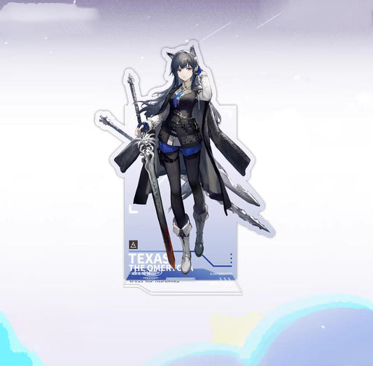 Acrylic standee of Texas the Omertosa from Arknights, featuring the character in her signature dark coat and dual blades, standing against a soft pink gradient background with a subtle blue base design that includes the text TEXAS THE OMERTOSA.
