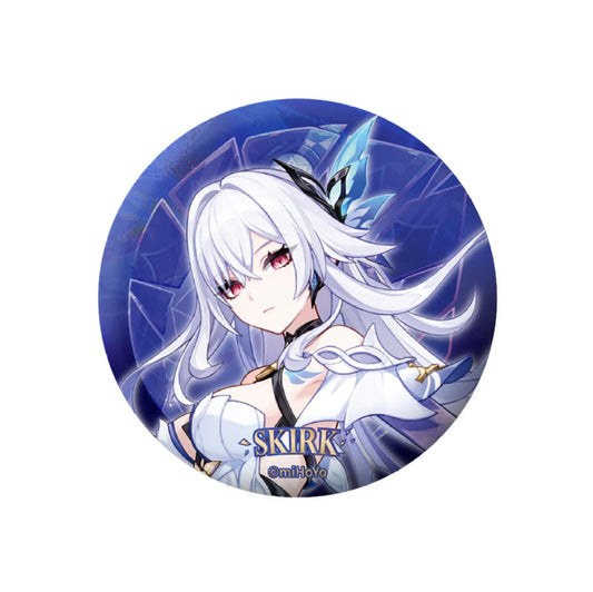 This Genshin Impact Abyss Star Series Skirk tinplate badge (75mm) features a shimmering nebula holographic background and raised gold foil details. 