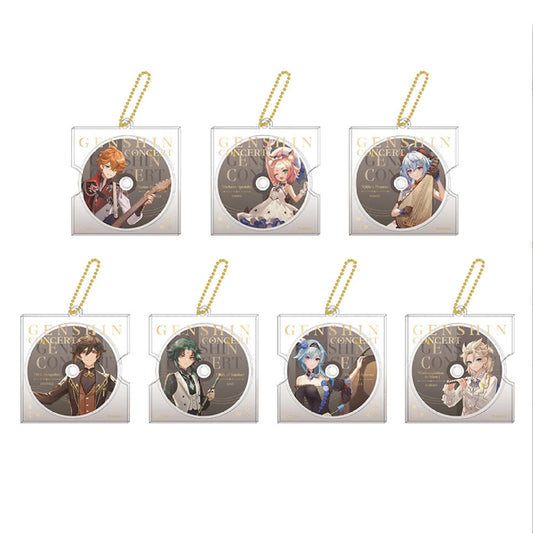 A complete set of seven keychains is shown, featuring Tartaglia, Diona, Ganyu, Zhongli, Xiao, Eula, and Albedo. Each circular "CD" disc showcases the character in their concert performance attire alongside a track title, unified by the clear case and gold chain design.
