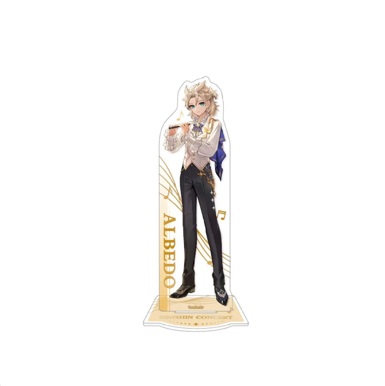 Albedo stands holding a conductor’s baton, wearing a crisp white concert jacket with gold trim and a blue sash. His calm, focused expression is framed by his ash-blonde hair, with “ALBEDO” printed vertically on the left side.