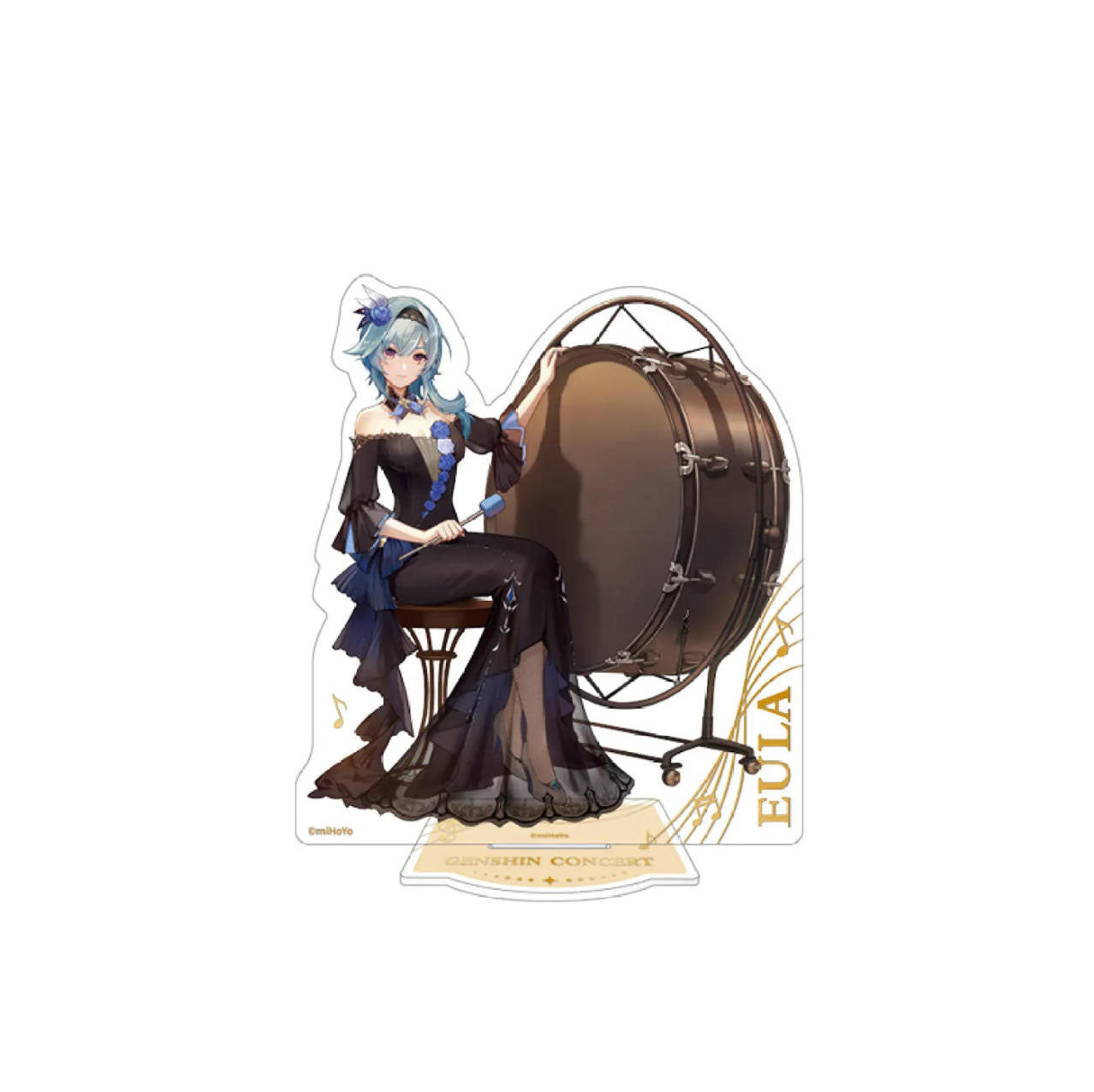 Eula is seated beside a large timpani, wearing an elegant black off-shoulder gown with blue floral accents in her icy blue hair. She holds a drumstick, poised gracefully, with “EULA” printed vertically on the right side of the standee.
